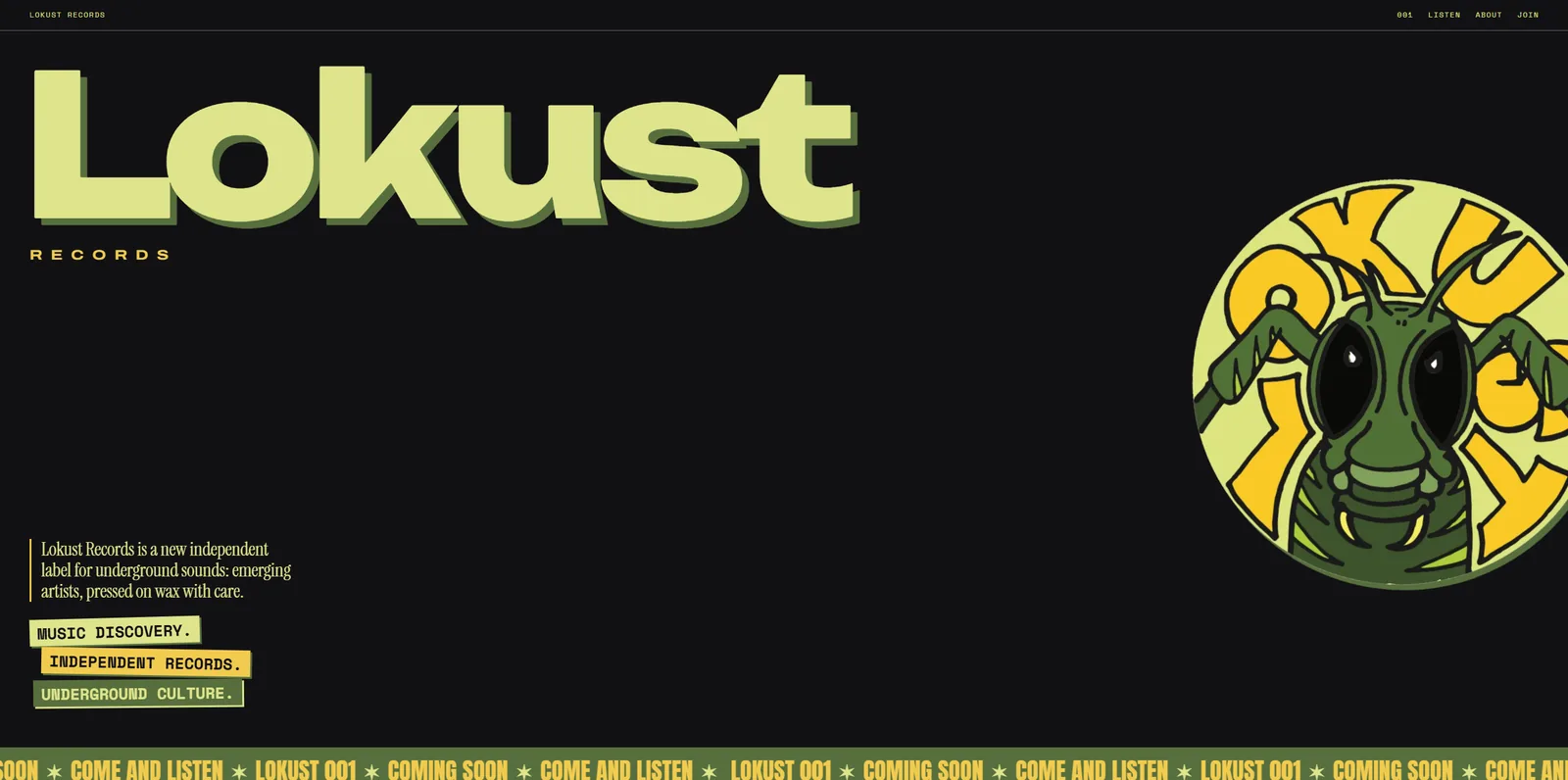 Lokust Records' front page: the Lokust wordmark in olive on near-black, the label's locust badge, and a marquee along the bottom.