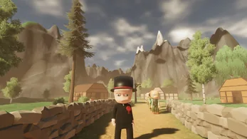 Majorem: the mayor in a top hat on a path through the village, mountains behind.