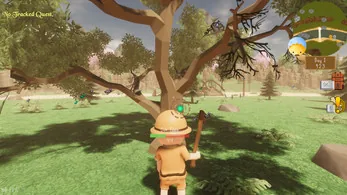 Majorem: a villager chops a tree, with the minimap and the day's clock in the corner.