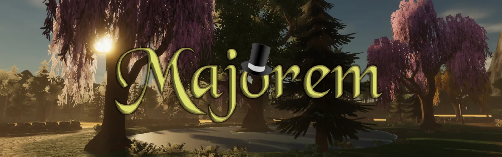 Majorem's title: the name in gold over a sunlit village glade.