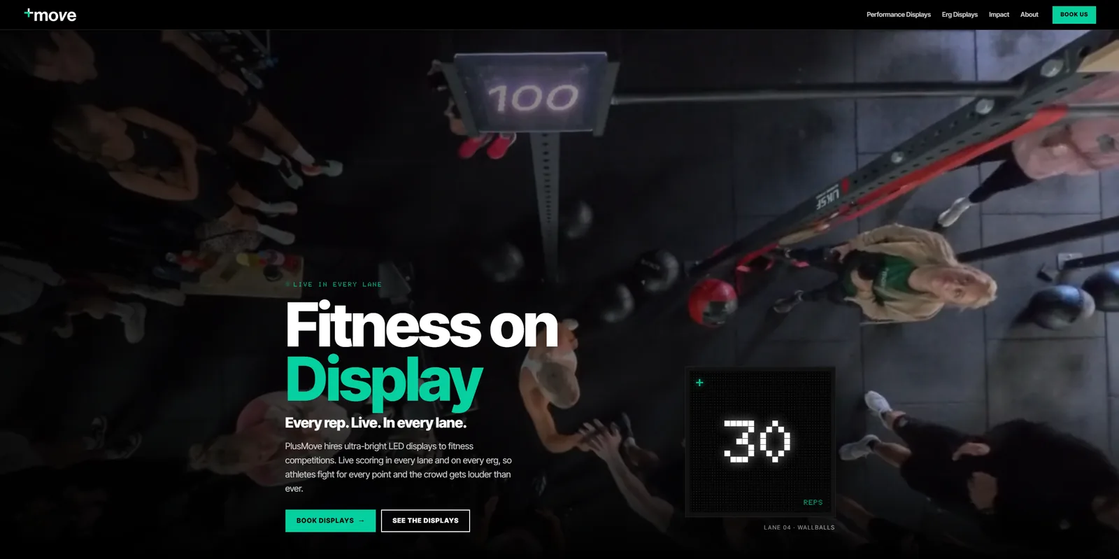 PlusMove's front page: Fitness on Display in bold white and green over an overhead shot of a CrossFit competition, with a lane's LED scoreboard showing 30 reps.