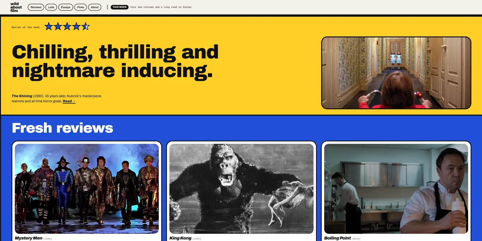 WildAboutFilm's front page: a featured review on yellow, then fresh reviews on blue, each with a still from the film.